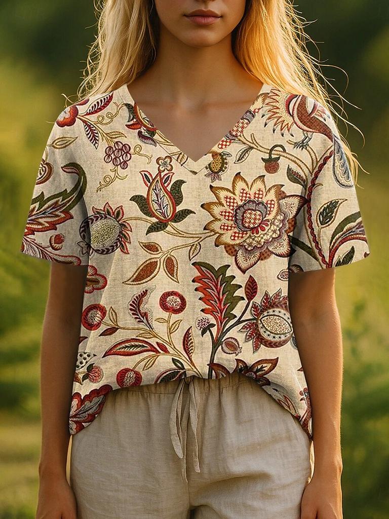 Summer Women's T-Shirt Bohemian Style 3d Print Casual Short-Sleeved V-Neck Loose Women's Clothes