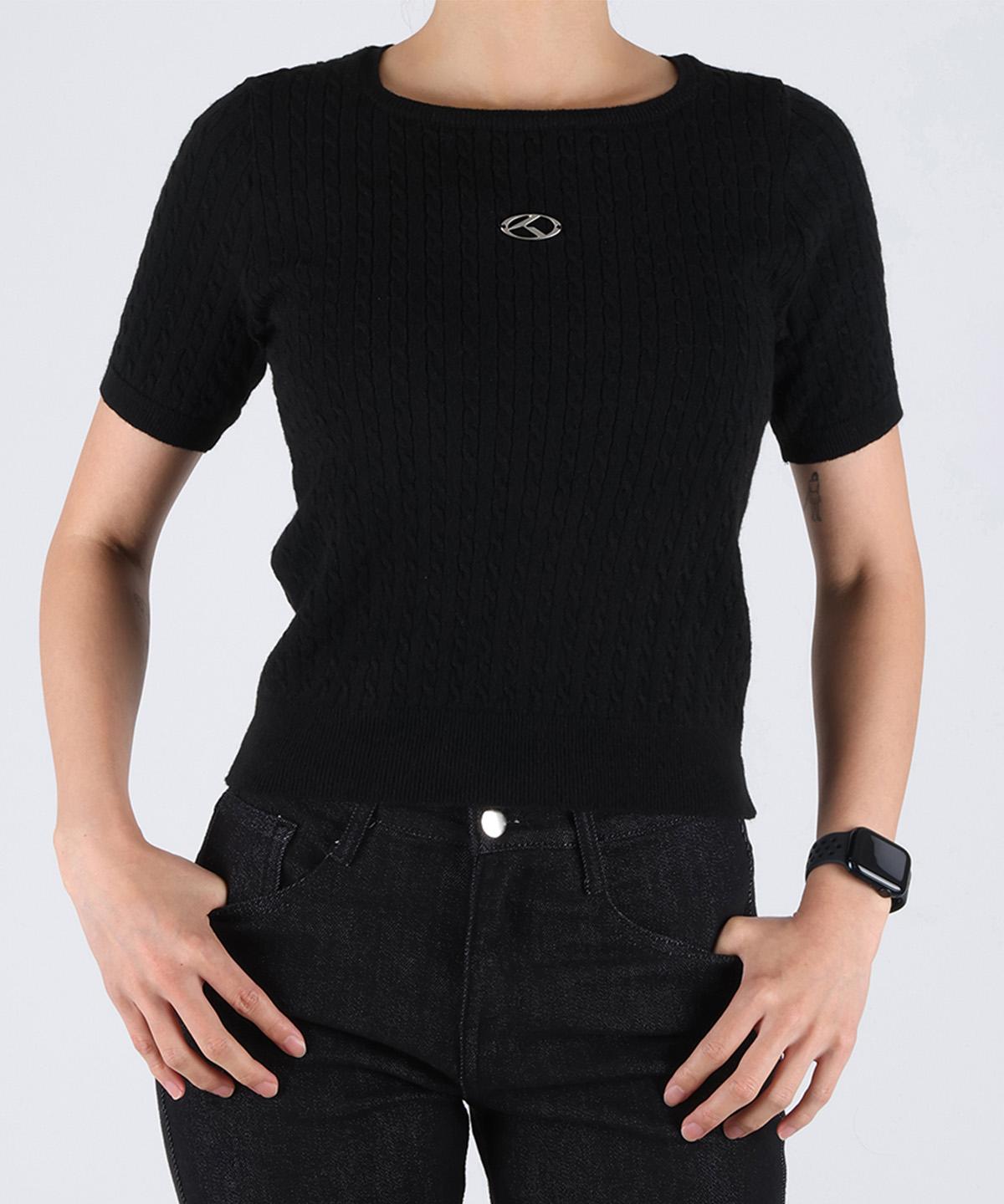 Poder Fit Logo Cable Knit Semi-Crop Short Sleeve Knit_Black Free (Ft39)