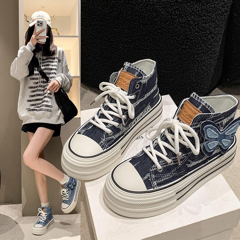 High Top Canvas Shoes Women Thick Bottom Denim Blue Butterfly Students Casual Board Shoes Women Flat Shoes Anti-slip Sneakers