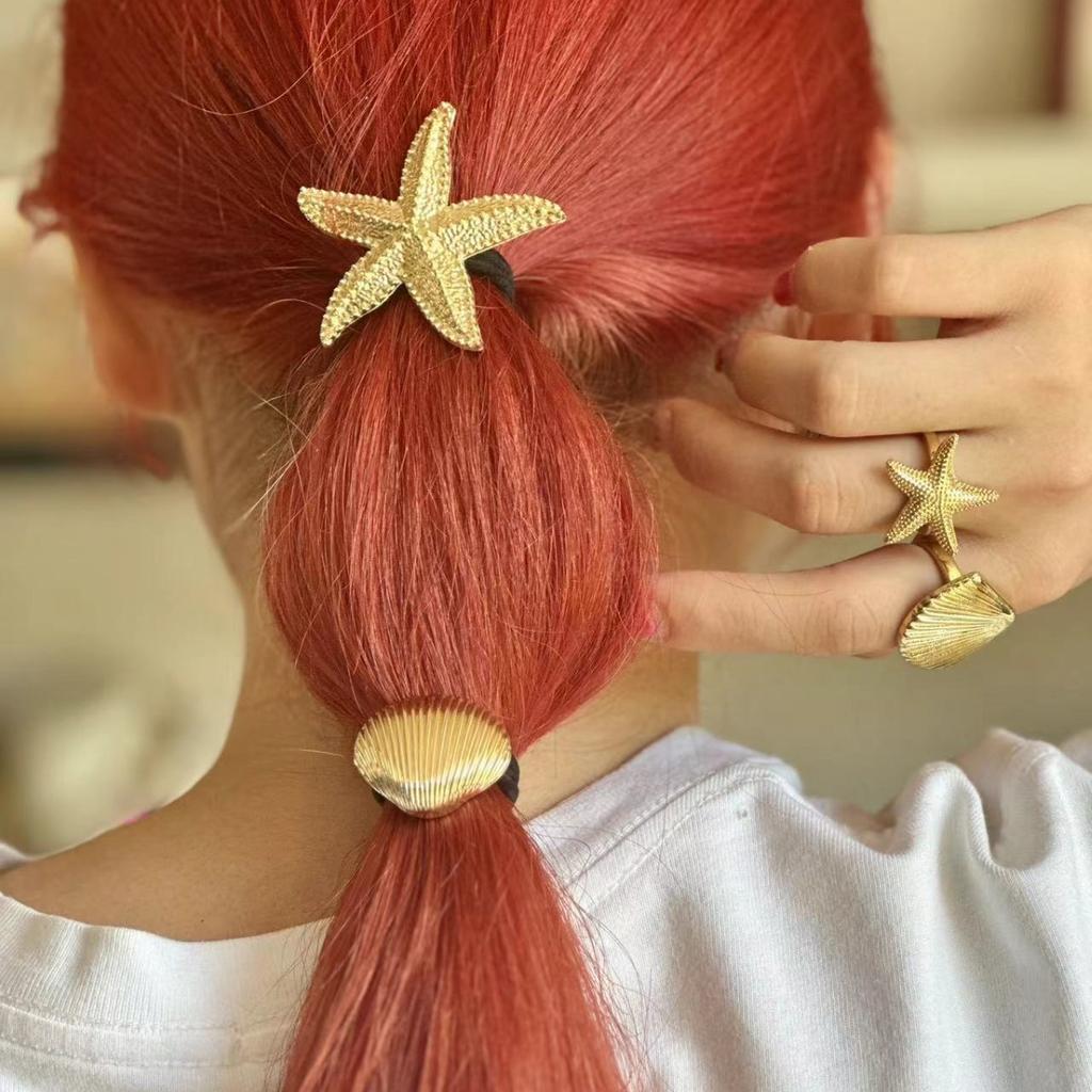 Beach Wind Golden Starfish Exaggerated Fashion Hair Rope Geometric Advanced Pentagram Hair Rope