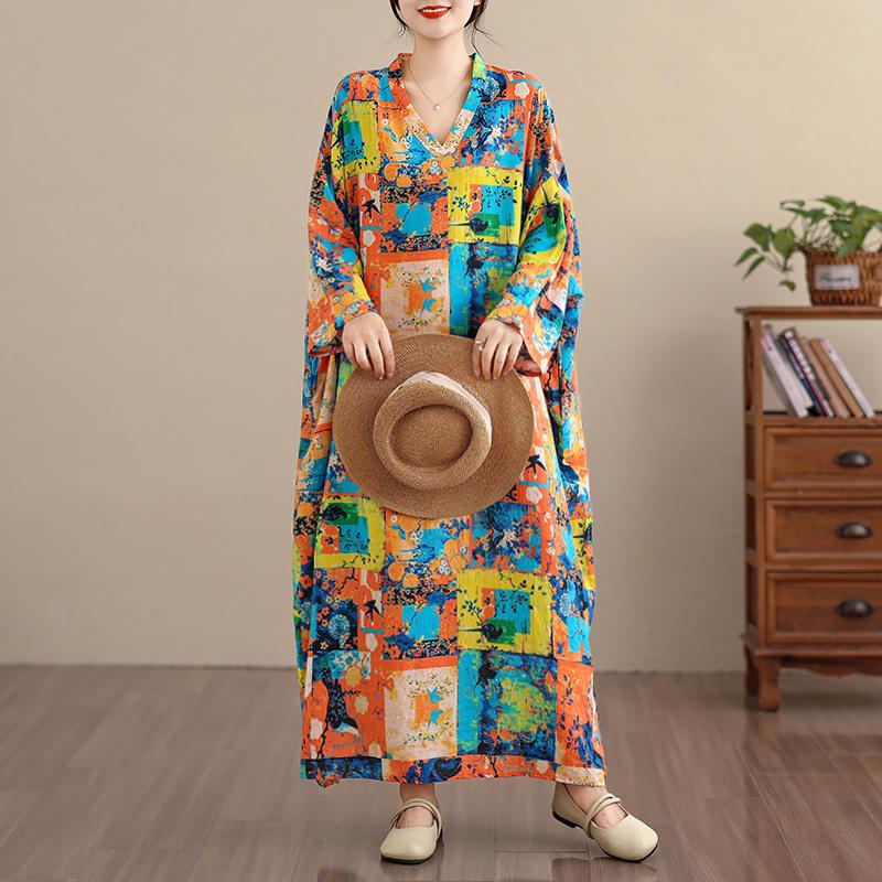 DIMANAF Women Plus Size Spring Summer Long Dress Loose Basic Vintage Oversize Long Sleeve Maxi Floral New 2026