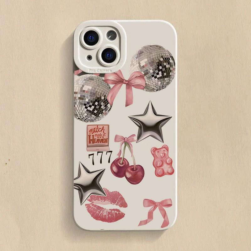 Sparkly Crystal Ball Pink Bow Cherry Pattern Case For  Poco F6 F5 X5 M6 X7 Pro Mi 15 14T 13T Pro 14 13 12 11 Lite NE Cover