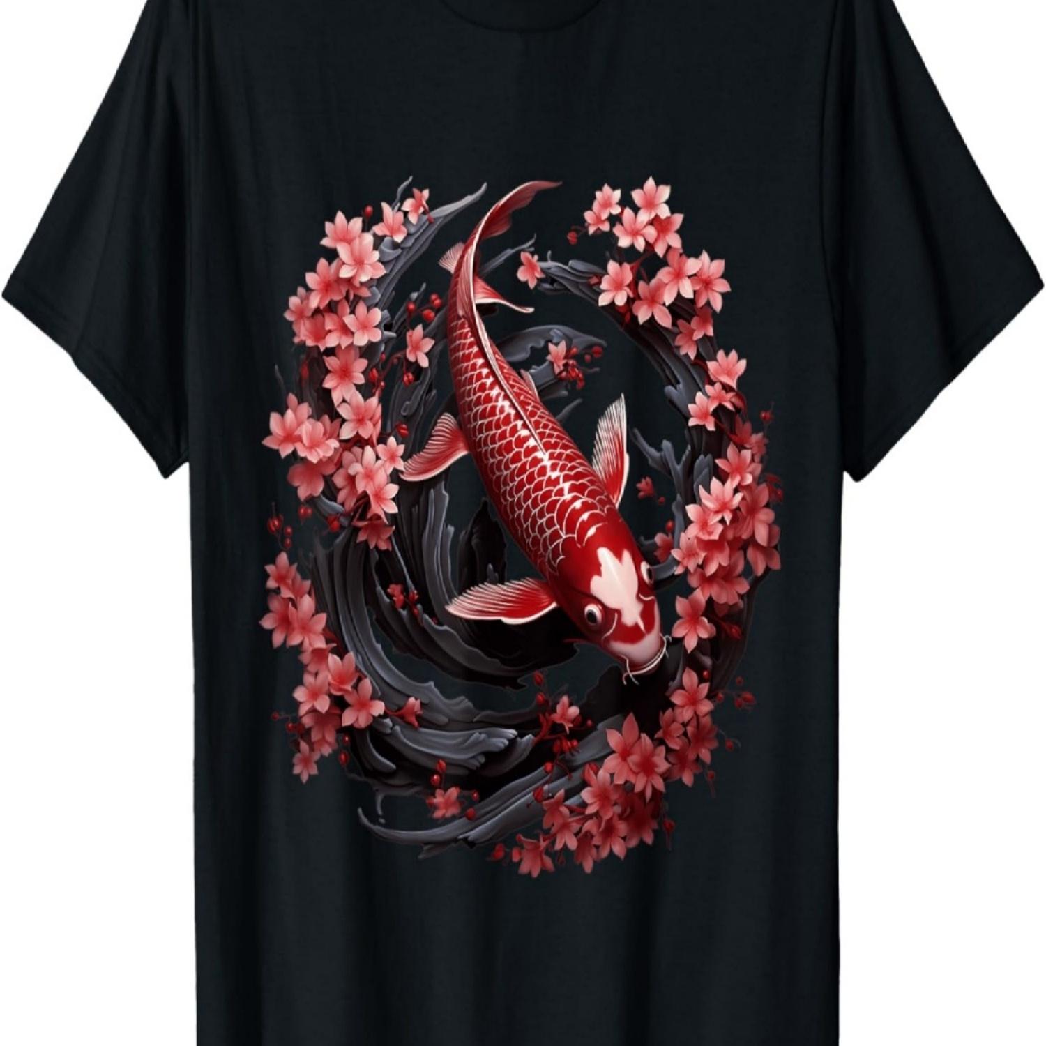 Koi Carp Ying Yang Nishikigoi Fish Cherry Blossom T-Shirt(135) S чёрный