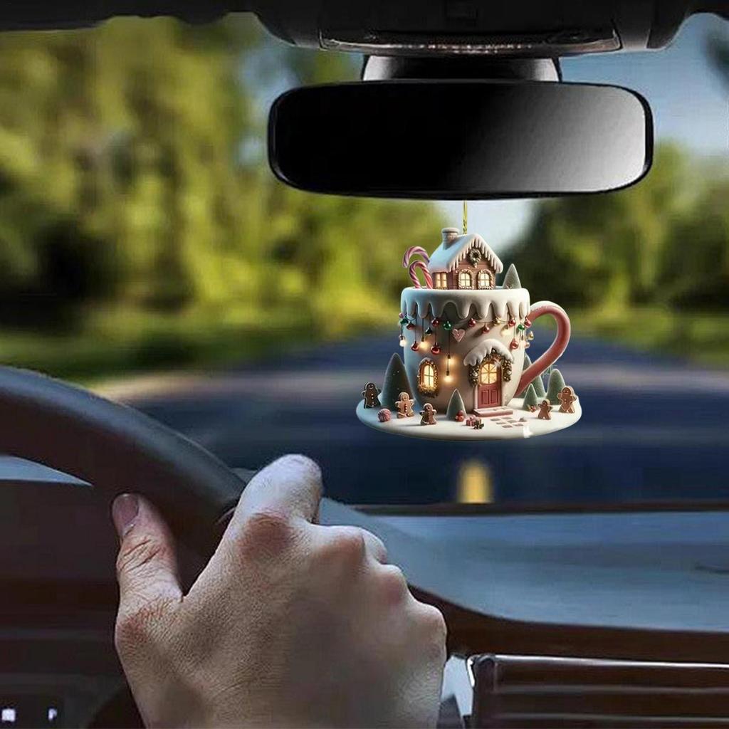 Coffee Cup Ornaments For Christmas Tree 2D Acrylic Christmas Snow Houses Chocolate Mug Pendant Christmas Tree & Car Decor