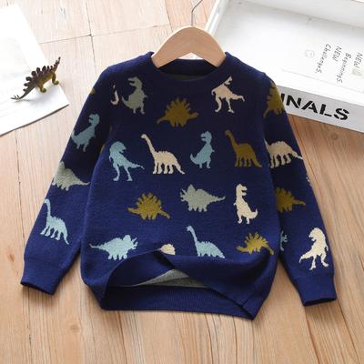 Klučičí námořnicky modrý pletený svetr s potiskem dinosaurů 2-6 let Roztomilý vzor Pulovr Batole Podzimní/zimní top