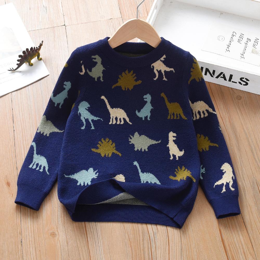 

Вязаный свитер для мальчиков темно-синего цвета с принтом динозавров 2-6 лет Милый пуловер с узором Топ для малышей на осень/зиму 90 темно-синий