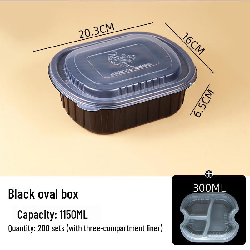 Hàndùn Disposable Round Double-Layer 3-Compartment Takeout Containers, Black (200 Sets)