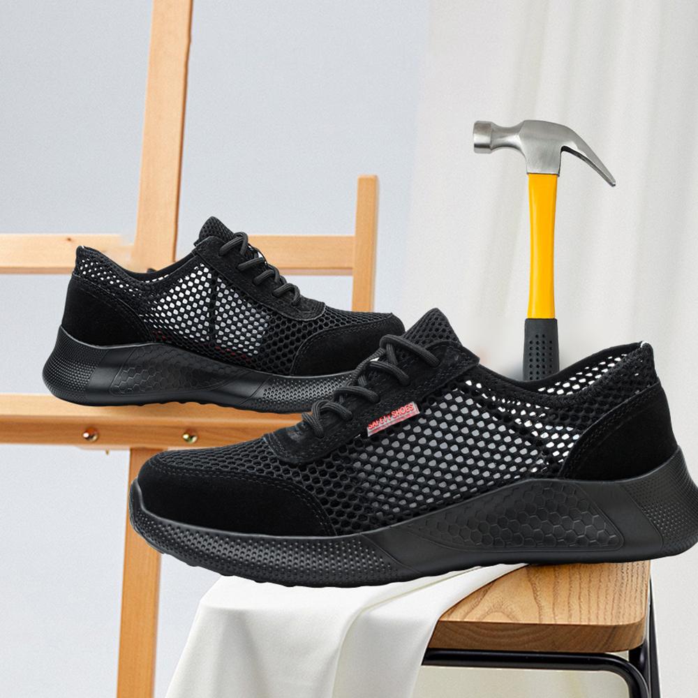 Men Work Boots Steel Toe Puncture-Proof Safety Shoes Casual Work Shoes Lightweight Breathable Sneakers for Work as Hiking Black