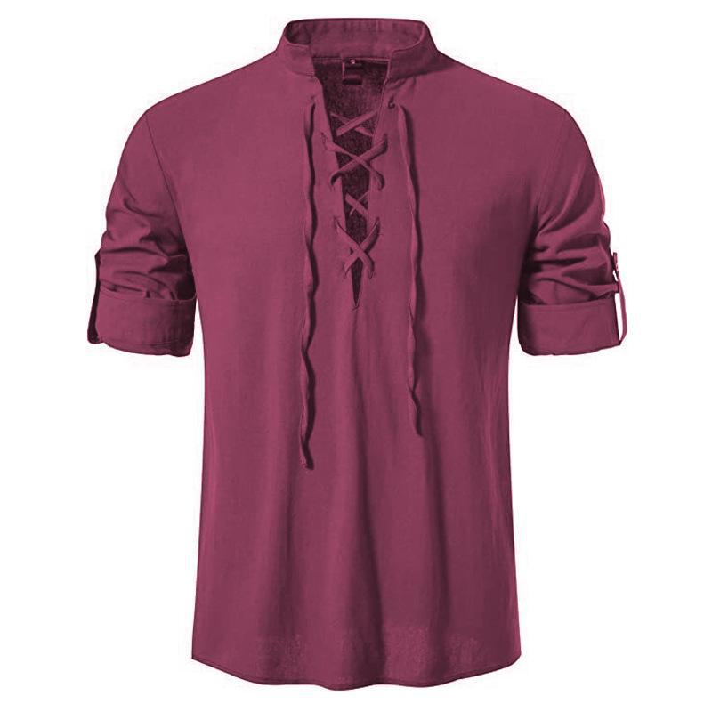 Chemise Henley en coton pour homme, à manches longues, décontractée, avec col montant et cordon de serrage.