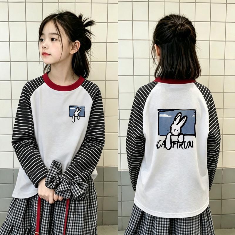 Girls' Striped Cotton Long-Sleeve T-Shirt, Spring/Autumn Style, Loose Fit, Versatile Patchwork, Round Neck, Medium to Large Sizes