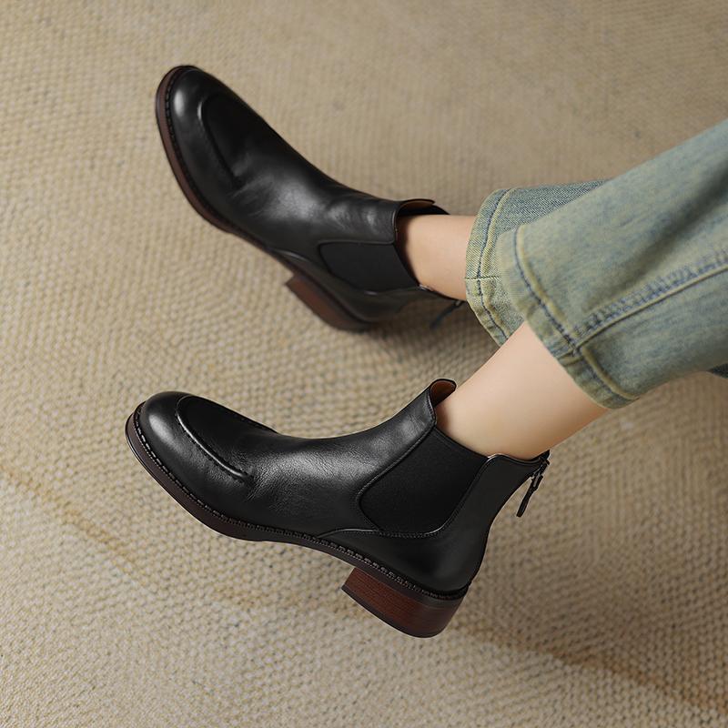 Vintage Office Lady Genuine Leather Women Ankle Boots Autumn Winter Retro Style Back Zipper Thick Heels Shoes Woman 2024 New