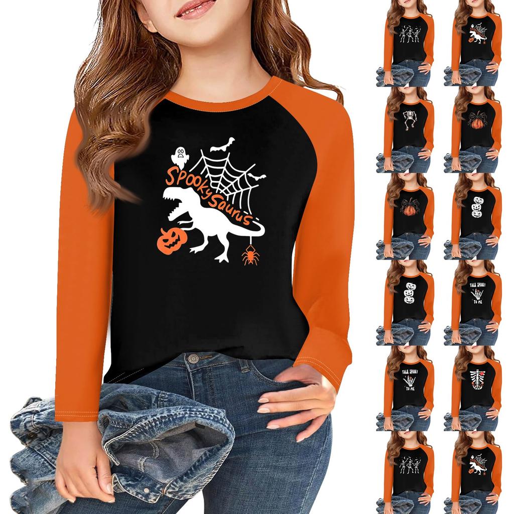 Girls Long Sleeve Halloween Day T Shirts Kids Fall Tops Crewneck Basic Tees 5-14Y