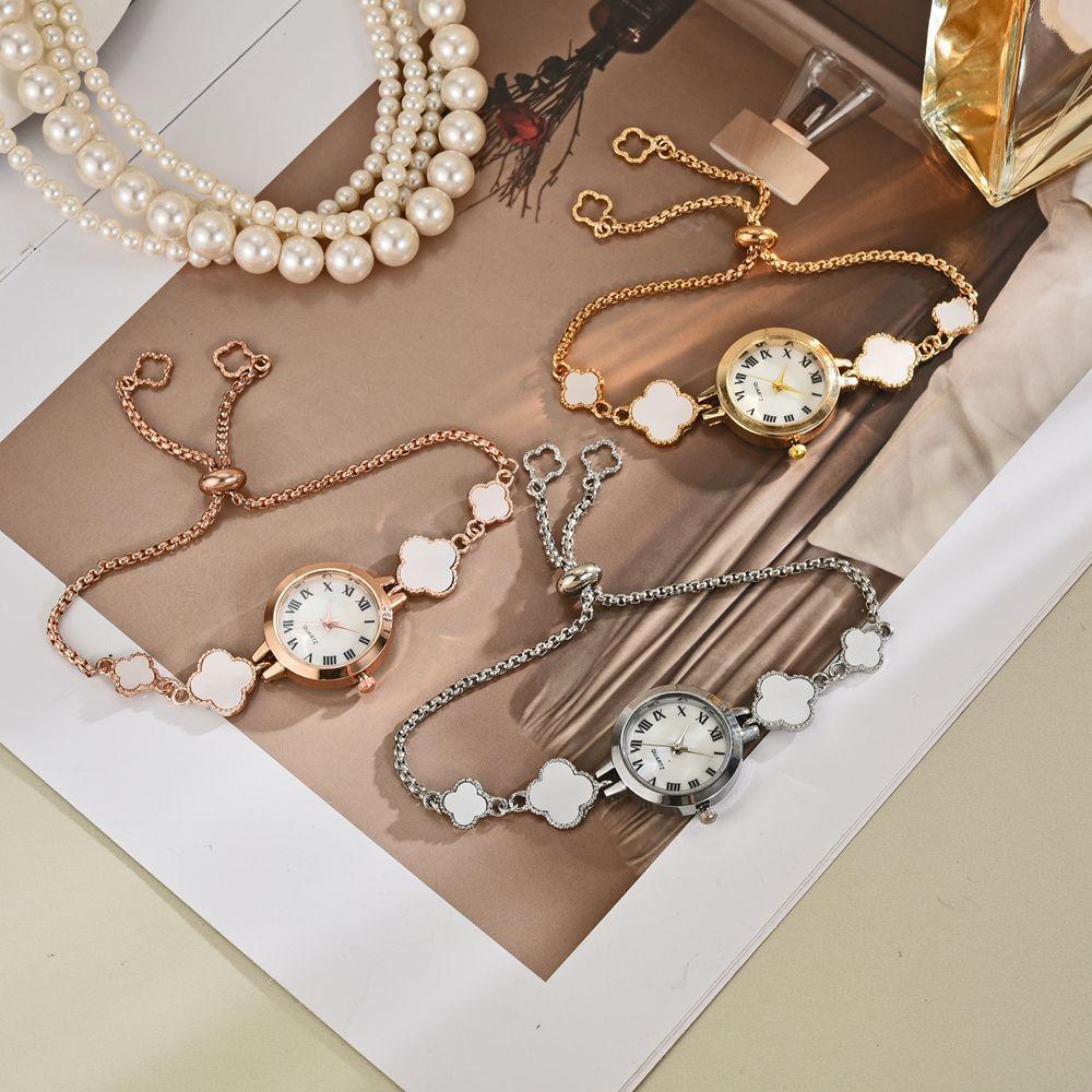 Women's College-Style Mother-of-Pearl Watch with Four-Leaf Clover Bracelet
