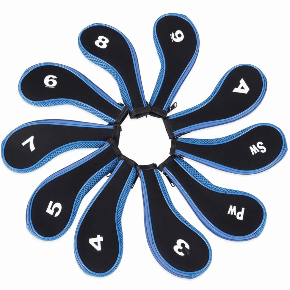 

10pcs Number Printed Golf club head covers Zippered Iron club covers Golf Club Cover Golf course чорний/синій