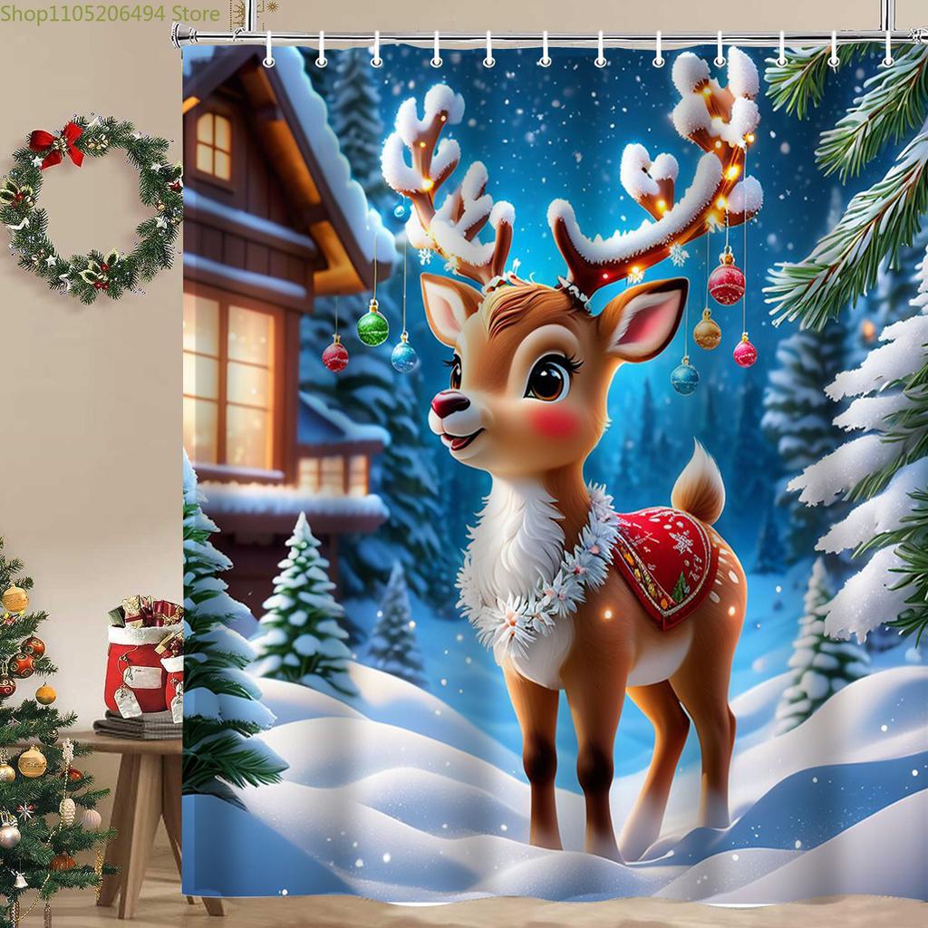 Christmas Tree Reindeer Bathing Curtain  Bathroom Shower Curtain Waterproof With 12 Hooks Fishes Home Deco Free Ship
