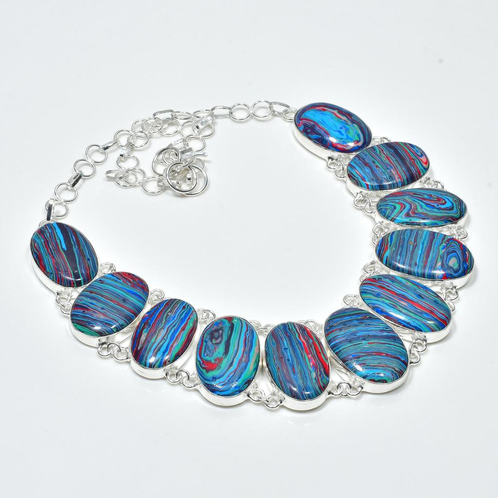 Natural Rainbow Calsilica Gemstone Handmade 925 Sterling Silver Jewelry Rainbow Calsilica Neclace Bracelet Set, Antique Jewelry Set, Gift For Love