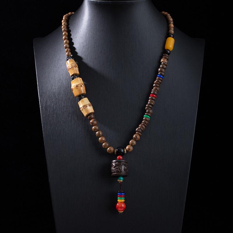 Ethnic Retro Vajra Bodhi Pendant Necklace with Wooden Beads