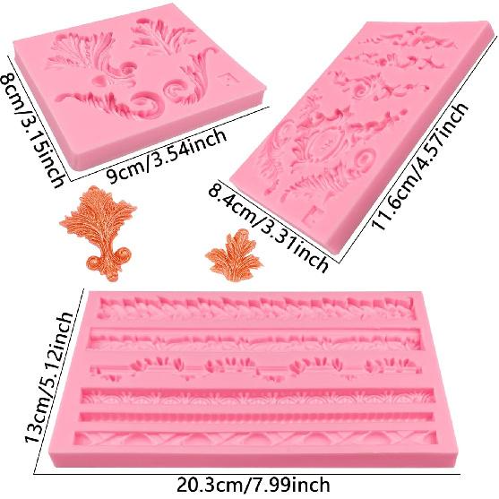 Baroque Fondant Molds for Cake Decorating (3 pcs) Baroque Scroll Border Silicone Molds, Feather Chocolate Candy Molds for Cupcake Toppers, Sugar