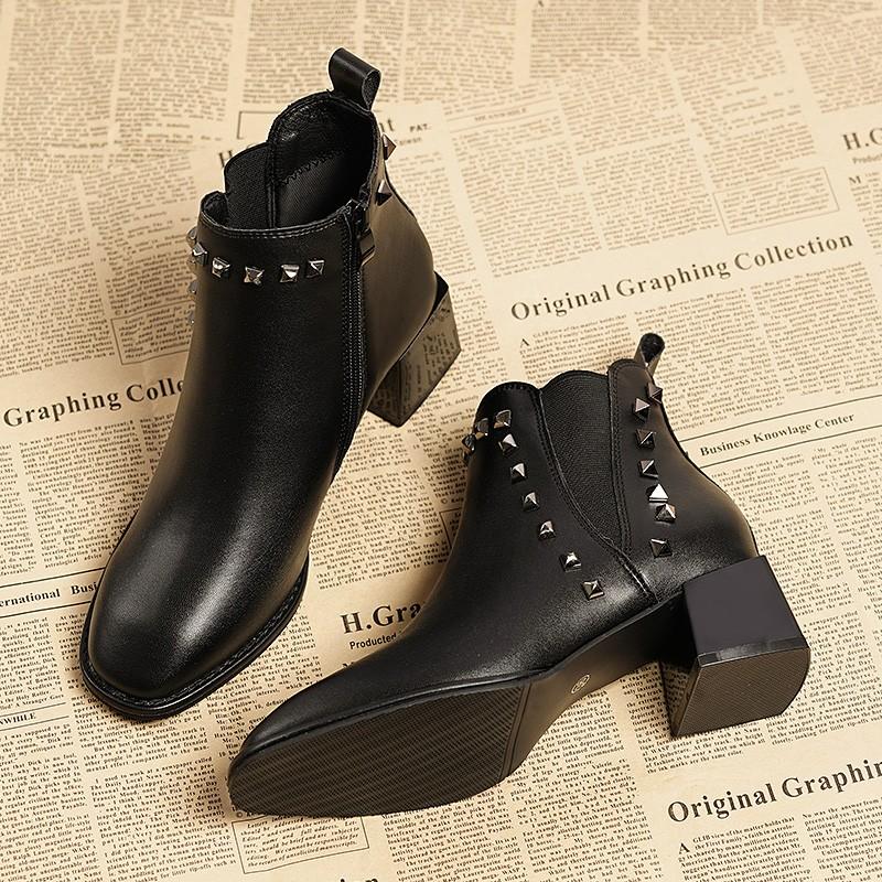 Winter New Thick Heel Cotton Boots Women Round Head Sleeve Rivet Anti-slip Wear-resistant Short Boots
