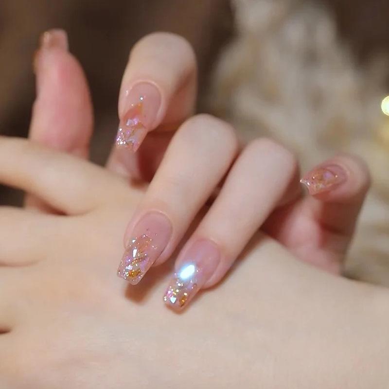 Aurora Crushed Diamond Removable Wearable Nails - Long Length Manicure Nail Tips