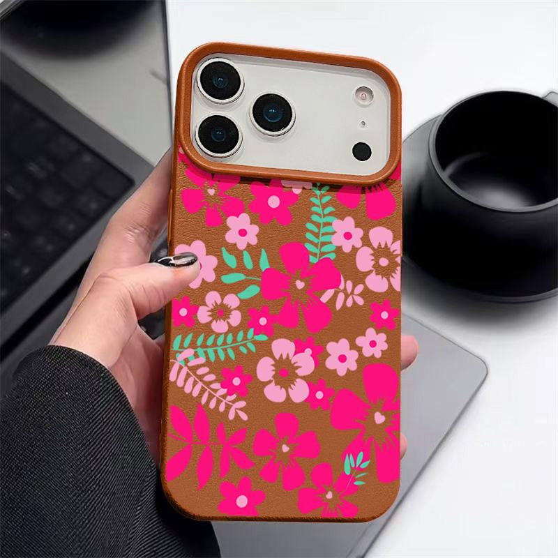 Vibrant Magenta Floral Design Flexible & Durable Shockproof Soft TPU Leather Texture Cover Case for iPhone 17 Pro Max Air 16e 16 15 14 13