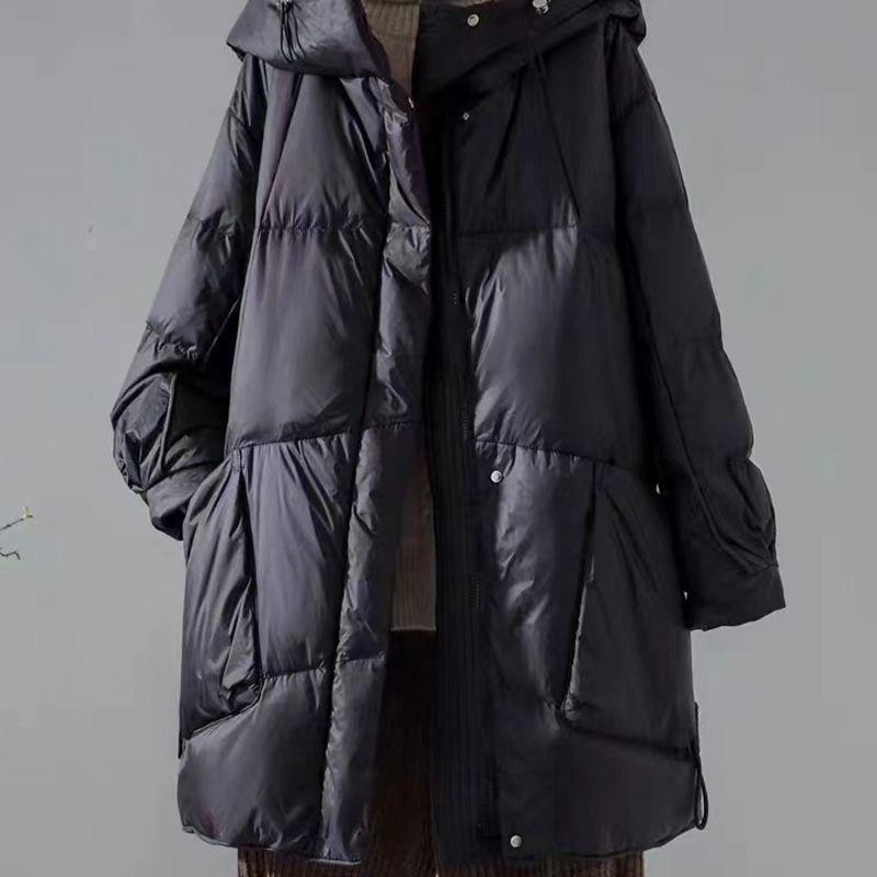 Women's Winter Mid-Length Thickened Oversized Cotton Coat, Solid Color, Loose Fit, Hooded Jacket