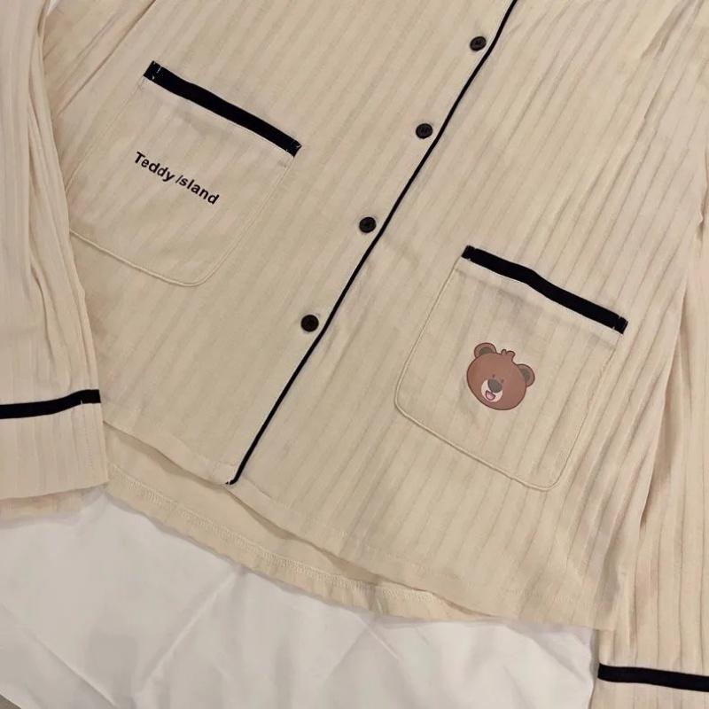 Women Spring and Autumn Two Pieces Pajamas Long Sleeve Pants Set Free Size Trousers Cardigan Thin Homewear Cotton with O-Neck