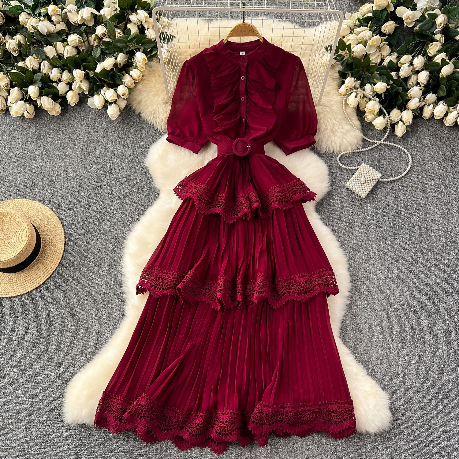 

Женские кружевные лоскутные длинные платья с пышными рукавами и талией one size бордовый