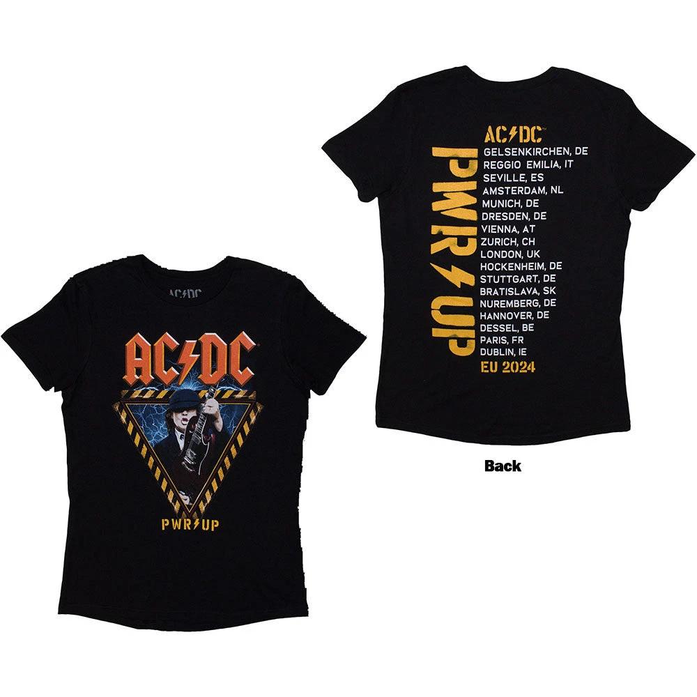 

Женская футболка приталенного кроя AC/DC: Ангус Треугольник PRW-UP Европейский тур 24 (Принт на спине & E M