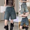 HWomen Denim Shorts taille haute Vintage lavé droit jambe large couleur Pure bouton fermeture à glissière Streetwear genou longueur jean pantalon court