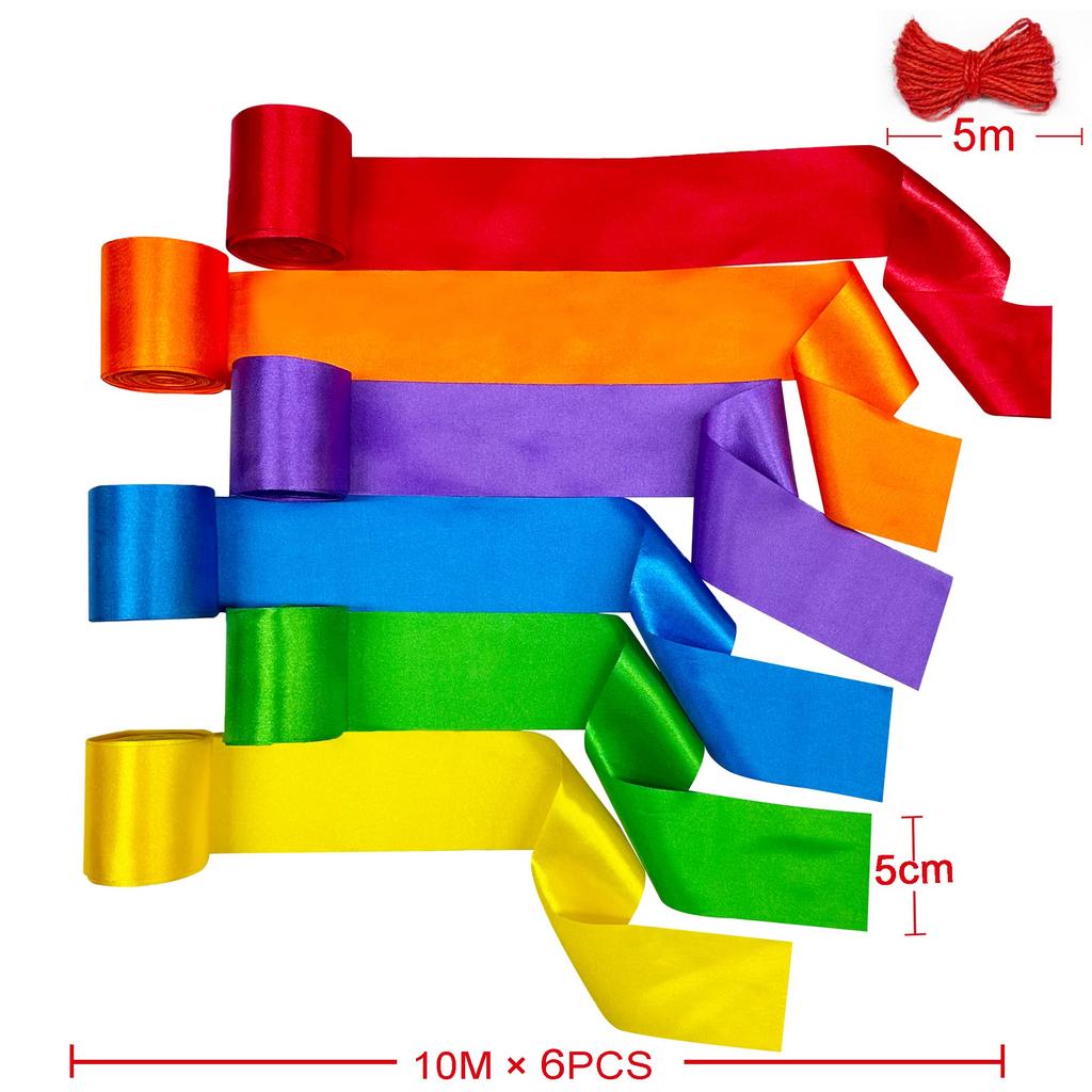 60M Rainbow Satin Ribbon 5cm Wide Colorful Fabric Ribbon Garland for Gift Wrapping DIY Bow Craft Fringe Hanging Party Streamer Banner Backdrop
