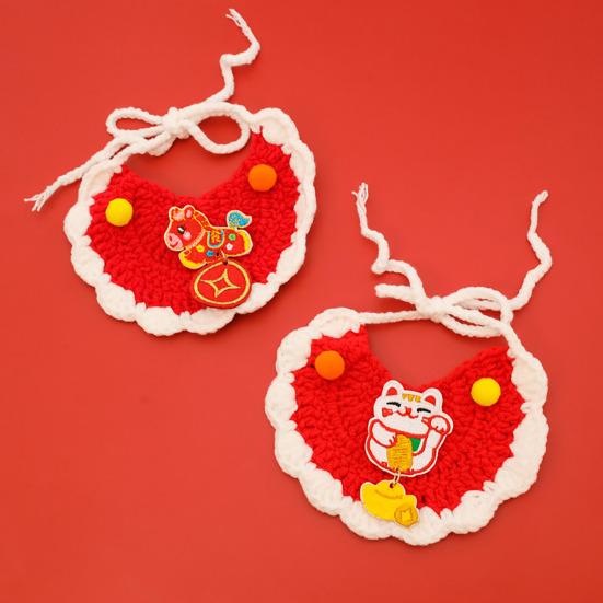 סינר חתול סרוג אדום עבודת יד סינית לראש השנה סינר לחיות מחמד שנת הסוס סינר לכלבים עם רקמה לגורי חתולים כלבים קטנים אביזר חגיגי