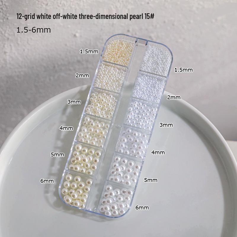 12-Grid Nail Art Pearls: Off-White Mixed Sizes, No Holes, Semi-Circular Boxed Decorations