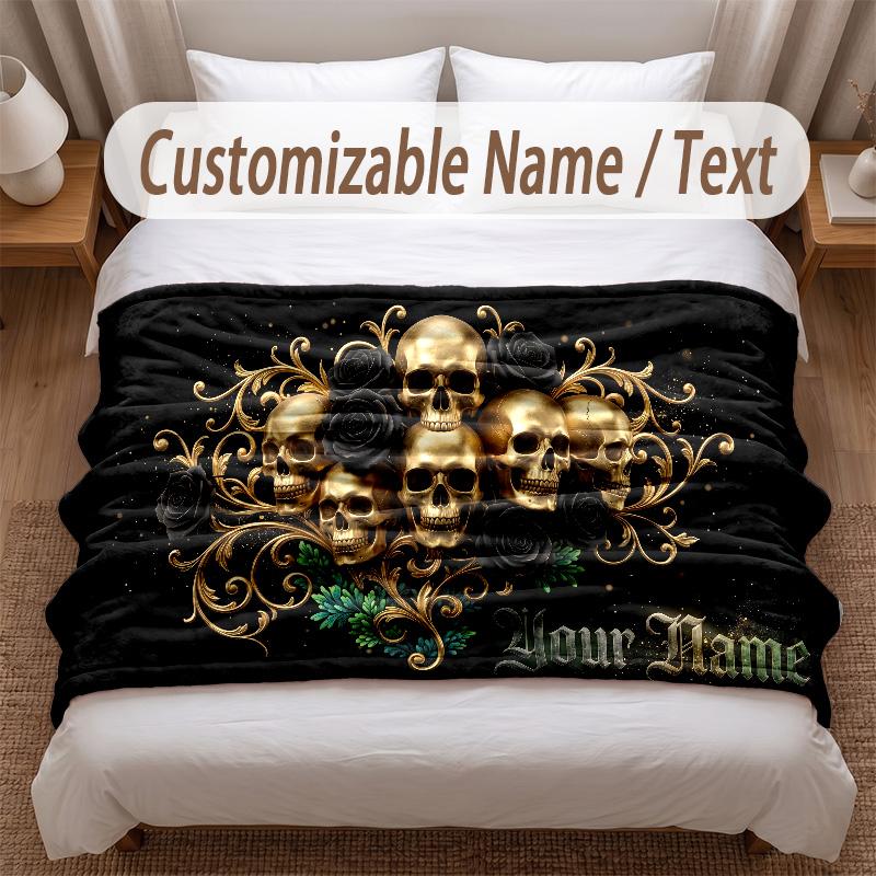 Skull Gothic Theme Soft Blanket Personalized Custom Name Text Print Warm Blanket Home Sofa Bedroom Decor