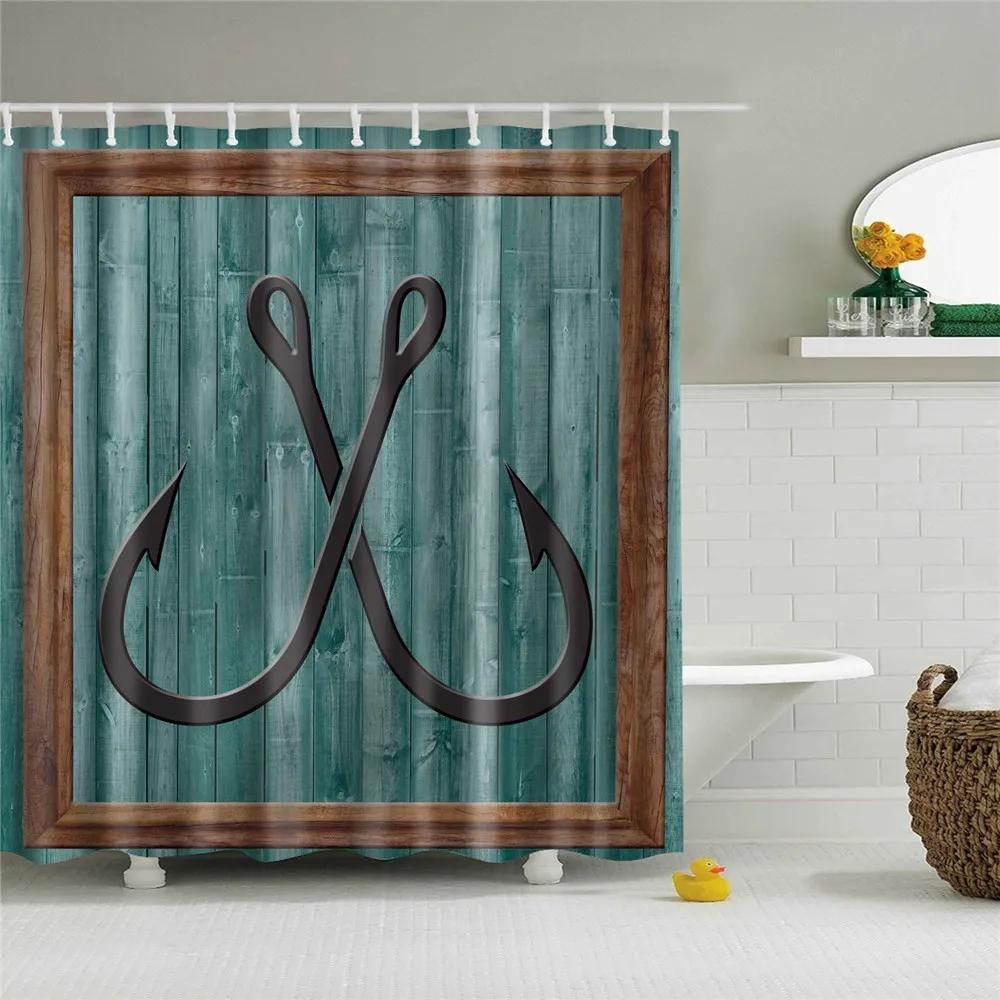 Wooden Door Shower Curtains Bathroom Curtain Stripes Letters Printed Waterproof Bath Screen Curtain for Home Decor with Hooks