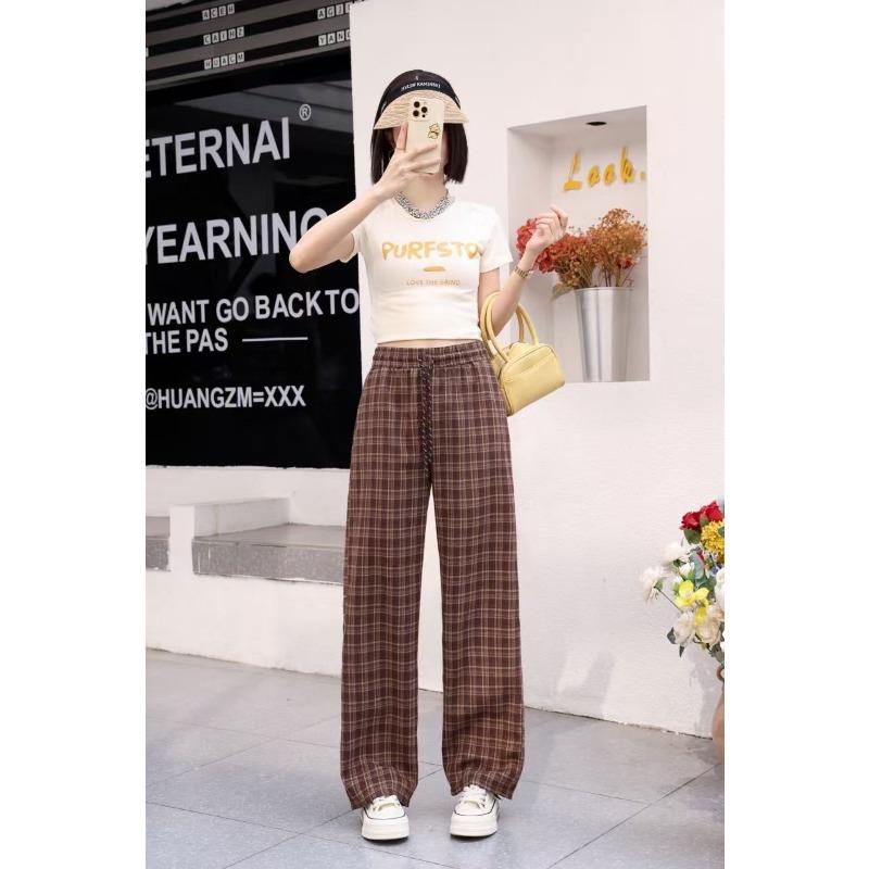 Vintage Fashion Plaid Casual Pants Versatile Ankola Red Loose Wide Leg Pants High Waist Skinny Lazy Straight Pants