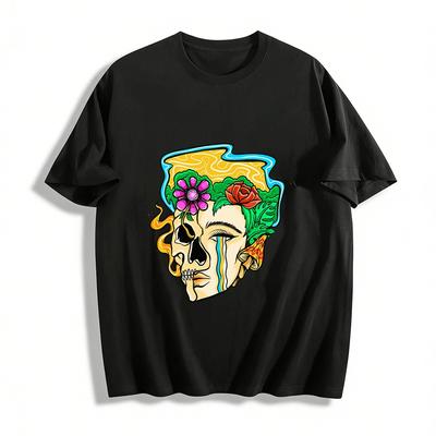 Half Skull Floral Print Trendy Street Style Casual Short Sleeve Pure Cotton T-shirt