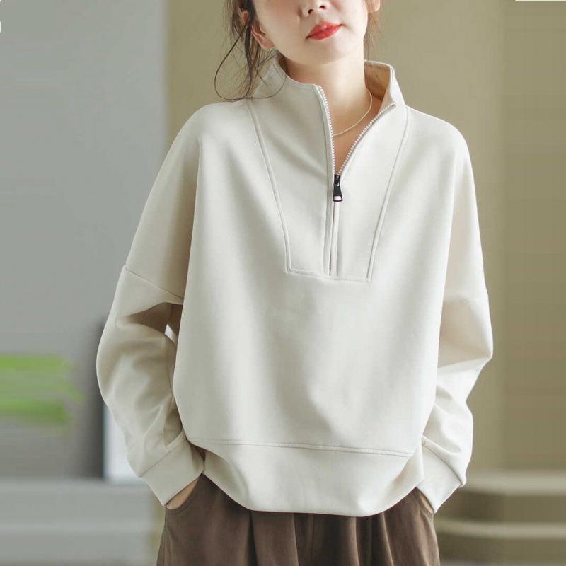 Damen Herbst/Winter Sweatshirt mit Stehkragen und halbem Reißverschluss: Modischer Pullover mit langen Ärmeln in lockerer Passform für lässige Übergrößen