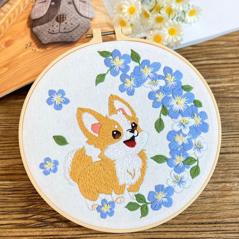 Floral Patterns Cross Stitch Set Corgi Embroidery Set Home Decor Dog Embroidery Kit  Beginner