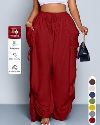 Dames Effen Kleur Trekkoord Taille Wijde Pijpen Broek Grote Maten Casual Losse Pasvorm Wijdvallende Broek