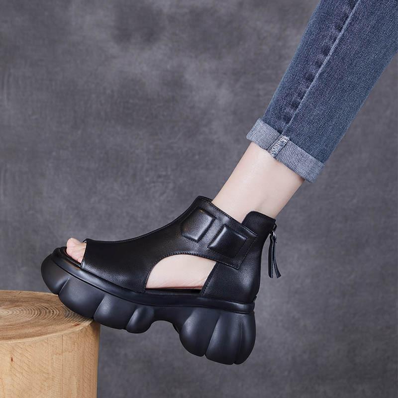 2025 spring and summer new first-layer soft leather muffin thick-soled cool boots high-heeled retro casual versatile thick-heeled fish-mouth sandals