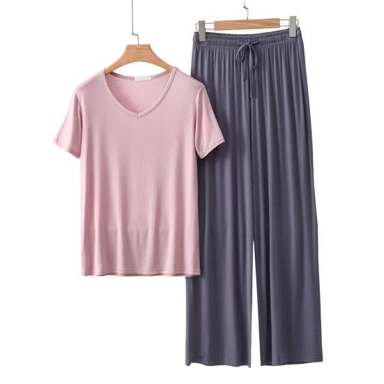 

Женский комплект пижамы из 2 предметов, повседневный, с V-образным вырезом, с короткими рукавами, пуловер, комплект брюк с широкими штанинами, летние наряды для отдыха L светло-розовый