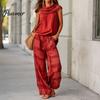 Casual Sleeveless Top Women Pants 2-Piece Set, Summer Ruffle Mock Neck Vacation Wear & Plaid Wide Leg Pants, Vintage Loose Outfit Set Relaxed