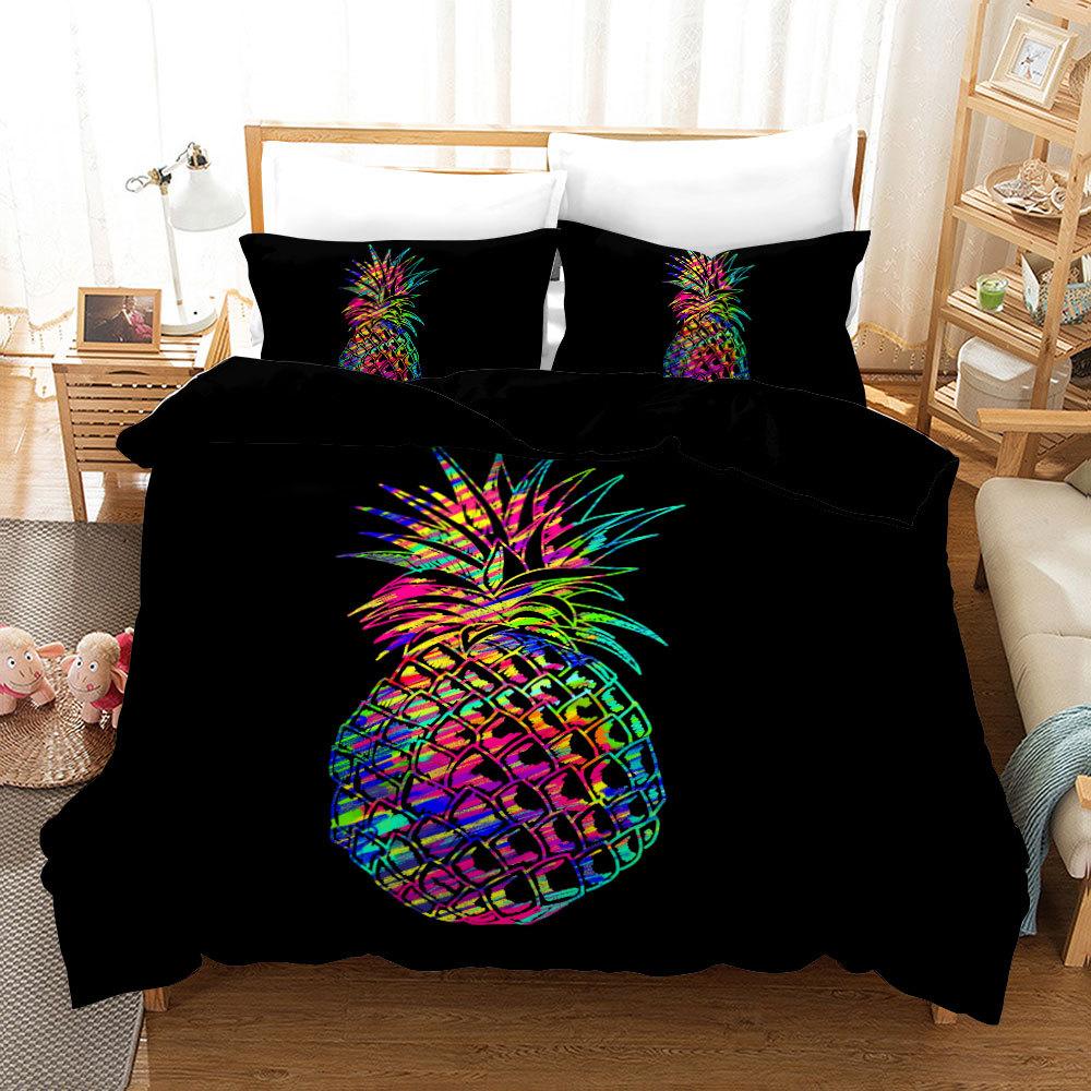 3D Fruit Print Bedding Set Pineapple Theme Quilt Cover Pillowcase Double Bed Full Size Bedspread Set Washable Zipper Comfortable Home Decoration