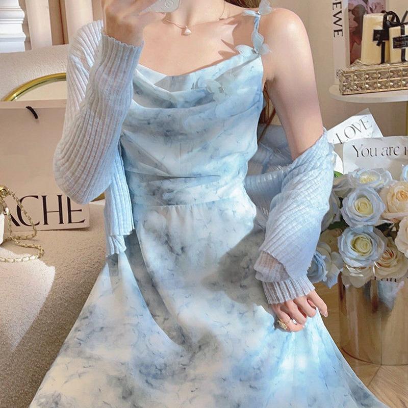 

Летнее новое платье с вырезом на плече, на бретелях, элегантное платье без рукавов, женское милое платье макси с бабочками, однотонный кардиган в рубчик M синий