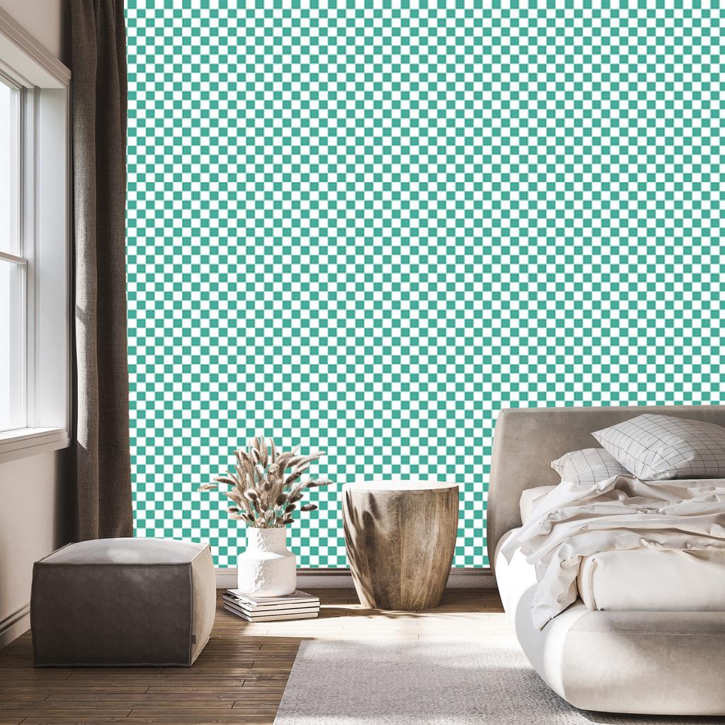 Checkerboard Wallpaper in Navy, Mint and White for Living Room and Bedroom 50x1000