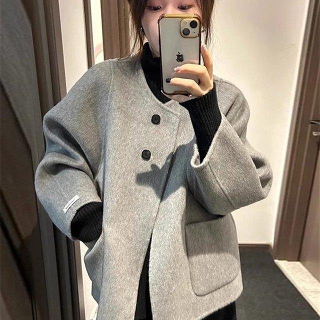 Plus Size Women's Grey Wool Overcoat - Korean Style Petite High-End Autumn/Winter Short Coat