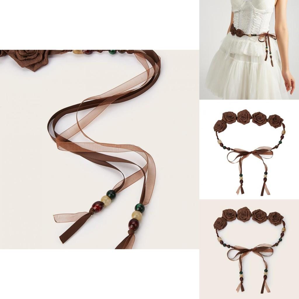 Retro Bohemian Waist Cord With Fabric Flower Embellishment For Dress Styling