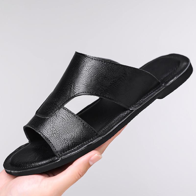 Men Black Leather Slippers Handmade Simple Flats Summer Brown Roman Sandals Open Toe Beach Shoes Plus Size