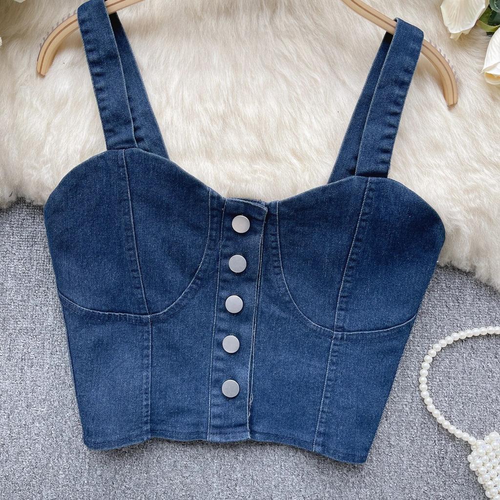 Hongkongský styl Retro Džínový top Dámský Design Jednořadé Slim fit Krátký Pupík Sexy Gyaru Sle Cami Móda